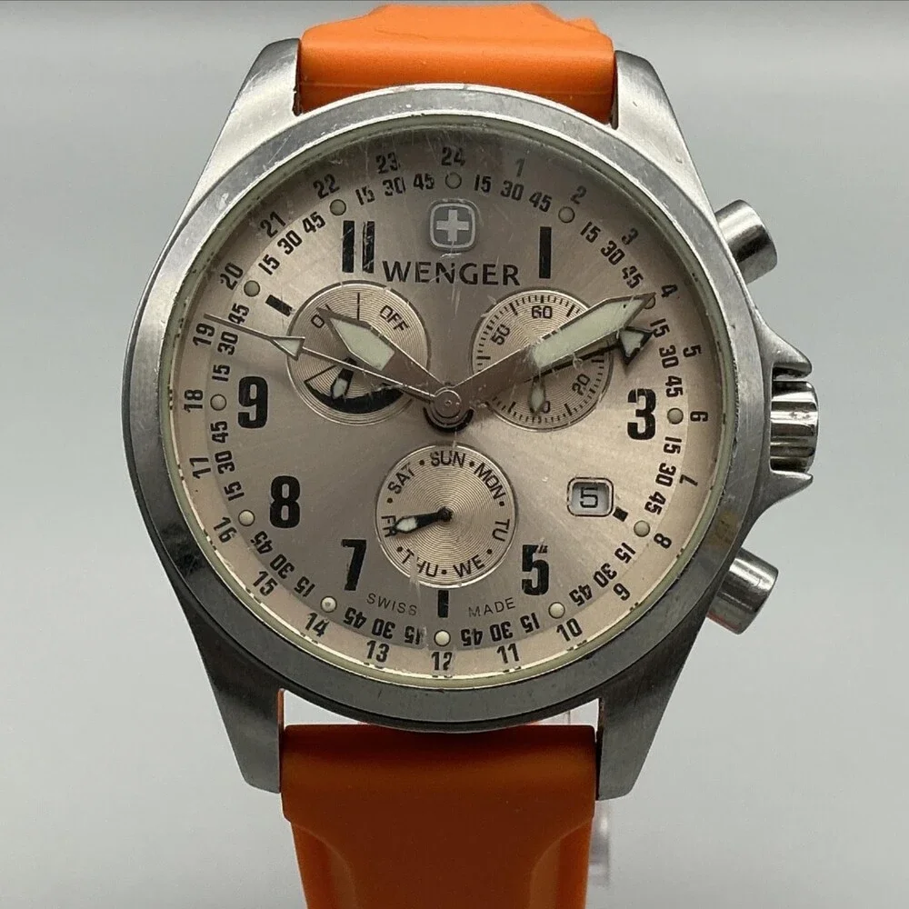 Wenger Terragraph Dual-Time Alarm Model 72750 Watch 39mm Orange Chronograph